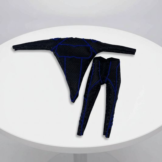 1:12 Scale Tactical Suit | Black Hex Pattern with Blue Raised Vinyl | Fits Vtoys and GW