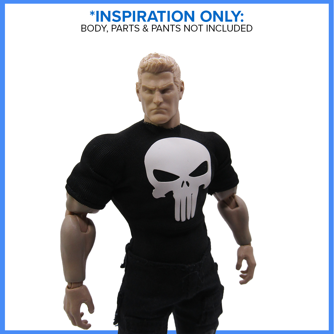 [NEW FABRIC] 1:12 Scale 2004 Inspired Punisher | Black & White T-Shirt | Fits GW Figure Body & Vtoys