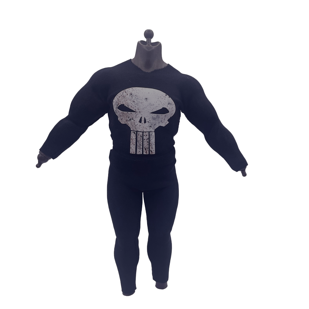 1:12 Scale Long-Sleeve Punisher Inspired Suit | Black & White Suit | Fits GW Figure Body & Vtoys