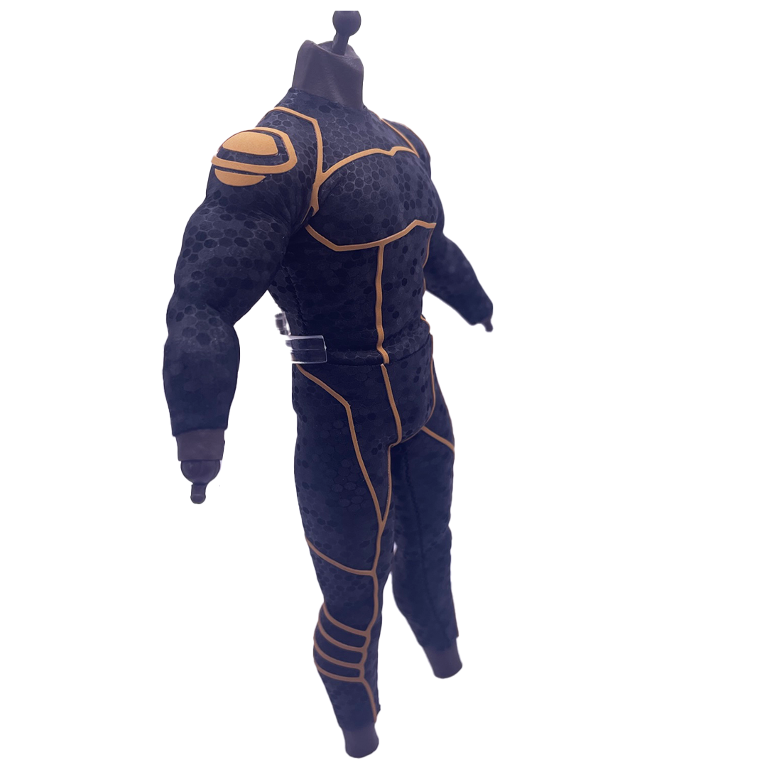 1:12 Scale Tactical Suit | Black Hex Pattern with Yellow/Gold Raised Vinyl | Fits Vtoys and GW